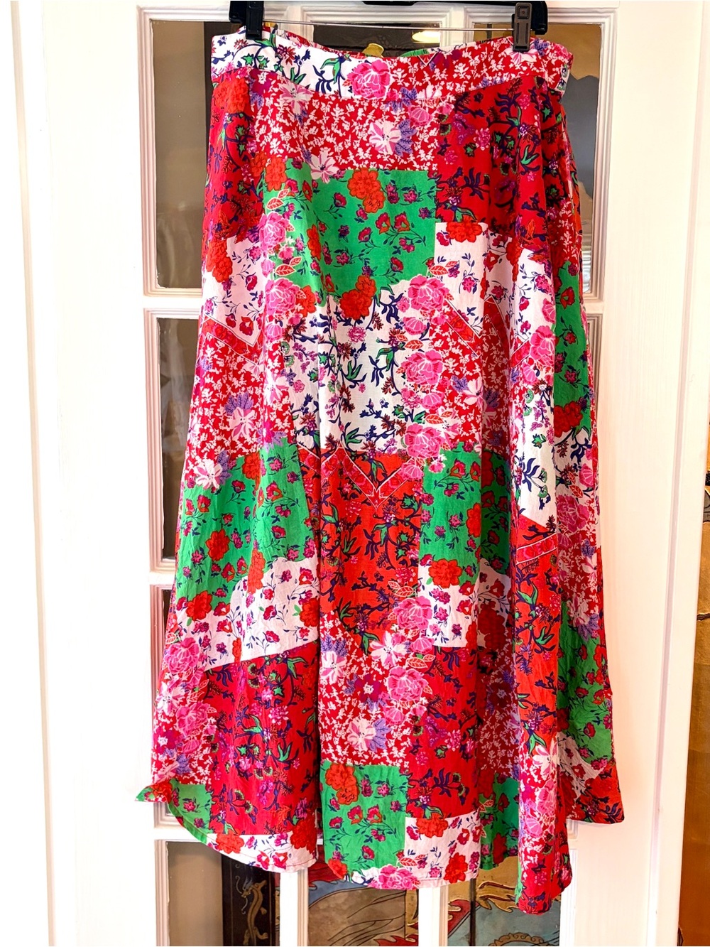 Kaktus Floral Maxi Skirt Peasant Patchwork Elastic Waist Cottagecore Cotton SZ L